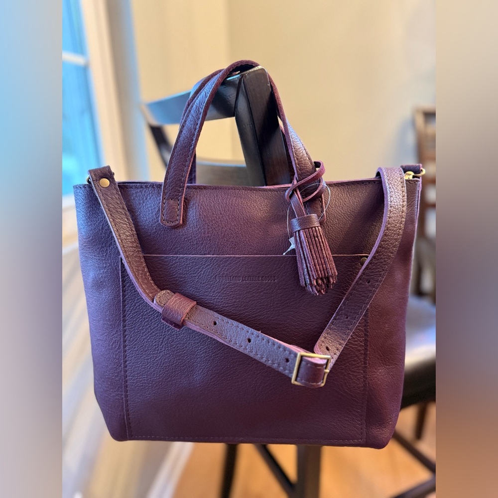 New Portland Leather Classic Medium Crossbody Tote PLUM purple with POM TASSEL
